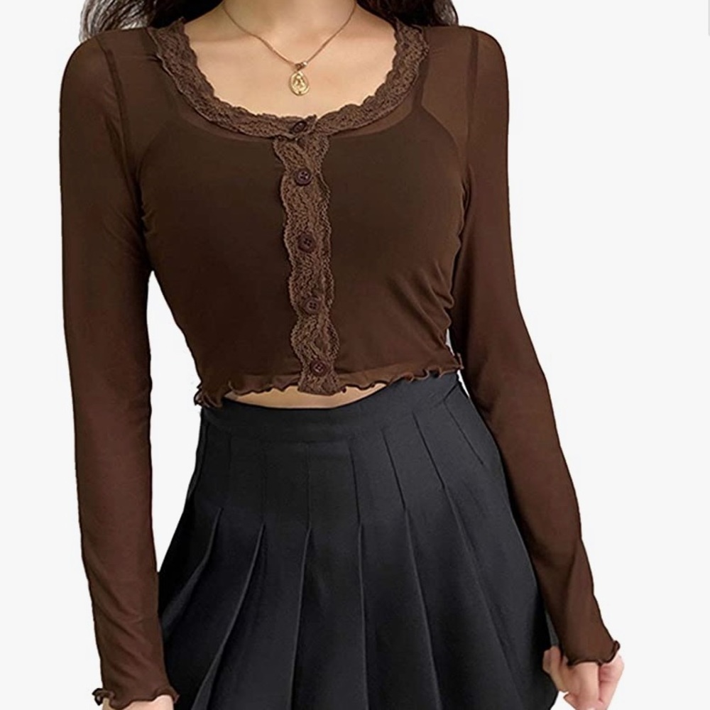Yesstyle mesh long sleeve buttons crop top